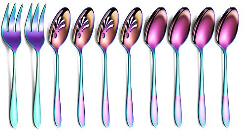 HOMQUEN Regenbogen 10-Teiliges Serviergeschirr Besteckset, Servierutenset aus Edelstahl, Mit Geschlitztem Servierlöffel, Servierlöffel, Serviergabel