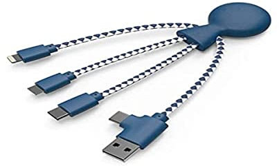 Xoopar - Câble Multi USB 4 en 1 en Forme de Pieuvre - Chargeur Universel en Plastique Recyclé - Prise USB, USB-C, Lightning, Micro USB - Compatible avec tous les Smartphone - Mr Bio Bleu
