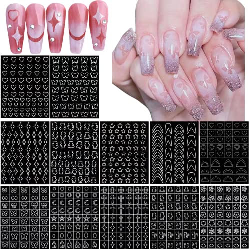 12 Feuilles Pochoirs en Vinyle Pour Nail Art, HOINCO Papillon Fleur Lune Étoile Coeur Croix Français Ongles Autocollants Modèle D'impression Pochoir Outil DIY Nail Art Décorations