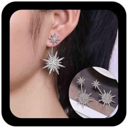 Cimenexe Bohemian Starburst Ear Jacket Earrings Silver Sunburst Earrings Crystal Star Earring Rhinestone Sun Studs Earrings Cz Sun Celestial Dangle Earring Jewelry for Women and Girls