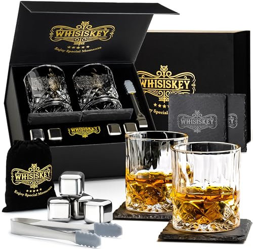 Whisiskey - Set de Accesorios de Whisky - Regalos Originales para Hombre - Cubitos Hielo Reutilizables - Regalo Hombres - Incl: 2 Vasos, 4 Piedras de Whisky, Posavasos, Pinzas para Hielo