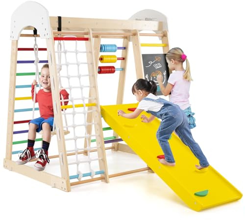 RELAX4LIFE Juego de Escalada Multifuncional 6 en 1, Parque Infantil de Madera con Tobogán, Tienda de Juego para Interior y Exterior para Niños 1-5 Años, Carga 60kg (Modelo 3 Colorido)