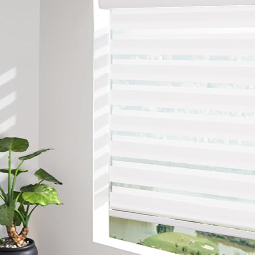 Changshade Custom Size Cordless Zebra Blinds for Indoor Window Light Control Dual Layer Roller Zebra Shades with Blackout for Home Office,Living Room,Easy Installation Zebra Blind White