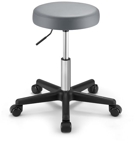 SONGMICS Taburete de Bar, con Ruedas, Silla Alta, Regulable en Altura, Giratorio, Cubierta PU, Trabajo para Salón de Belleza, Peluquería, Oficina, Consultas, Gris Paloma LJB061G01