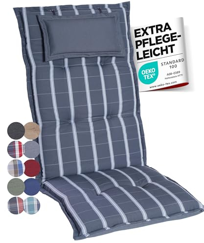 gardisun Gartenstuhlauflagen Hochlehner mit Kopfteil I Extra Dicke Sitzauflagen I Made in Europe I Polsterauflagen für Hochlehner I Auflagen mit extra hohem Komfort I 1er Set I Grau-Kariert