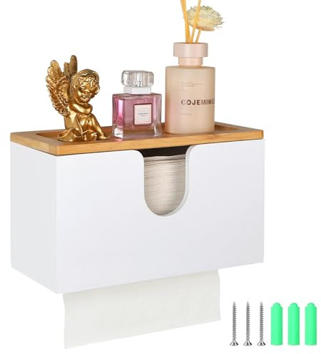 EFUTURETIME Dispensador de Toallas de Papel de Bambú, 27.5x16x13cm, Dispensador Papel Secamanos Pared, Dispensador de Toallas de Mano con Tapa Magnética para Plegado V/C/Z, Cocina, Baño, Blanco