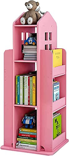 CENAP Studie Bodenstehendes Kinder-Bücherregal, 360 ° drehbares Bücherregal für Kinder, 4-stufiges multifunktionales Lagerregal, hausförmiges Kinder-Bücherregal aus Holz-Rosa 40 x 40 x 95 cm (16 x