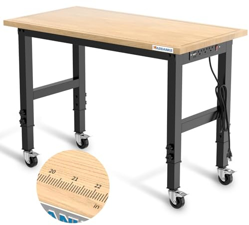 LARBANKE 48 Heavy-Duty Adjustable Workbench with Brake Wheels,Hardwood Worktable Weight Capacity Over 2000 Lbs,Rubber Wood Workbench has Adjustable 5 Different Heights,for Workshop,Garage,Office,Home