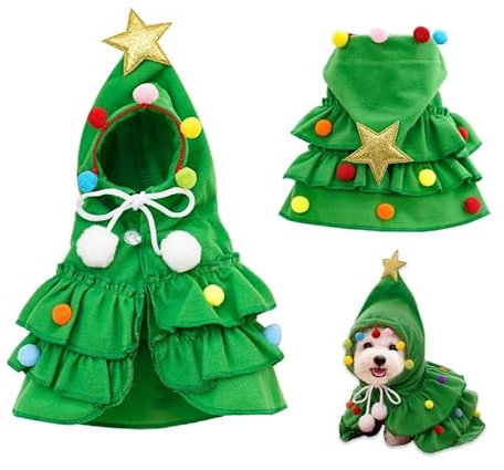 Katzenkostüm Weihnachten, Weihnachten Haustier Umhang Hund Kostüm Umhänge Katzen Weihnachtskostüm mit Weihnachtsmütze Haustier Kostüme für Katzen Hunde Weihnachten Halloween Cosplay (Grün, M)