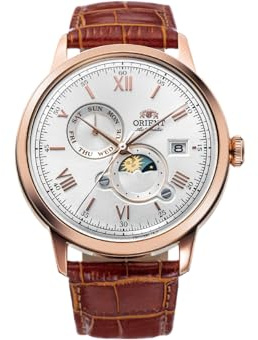 Orient Herren Automatik Armbanduhr in der Farbe Roségold mit Armband aus Leder, Wasserdichtigkeit: 3 bar, Gehäusedurchmesser: 41 mm, RA-AK0801S10B