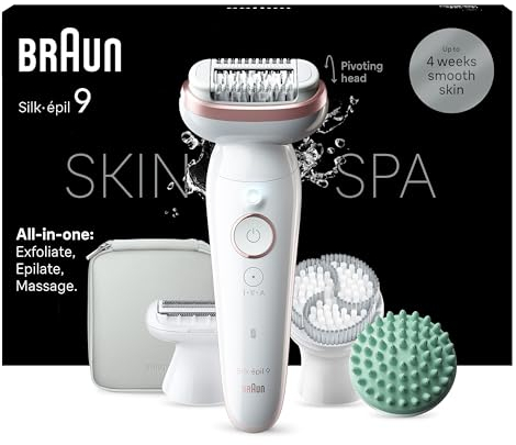 Braun Epilateur Electrique Pour Femmes Silk-épil 9 9-080, Tête Flexible 360° Pour Epilation Facile, Etanche, Sans Fil, Avec Tête De Rasoir, Brosse Exfoliante Et Sabot Tondeuse, Kit De Spa Tout-En-Un