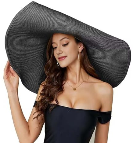 JDYaoYing Übergroßer Strand-Strohhut für Damen, faltbar, großer Strohhut, Visierhut, große breite Krempe, Strohhüte, Schwarz , 6