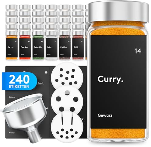 ZMILLA® Gewürzgläser Set Edelstahl [24 Stück] Eckig mit Streueinsatz | Inklusive 240 Etiketten + Acrylstift + Aluminiumtrichter | Aufbewahrung Gewürze