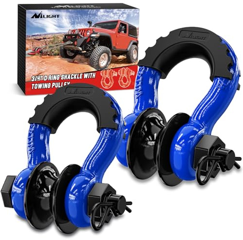 Nilight Lot de 2 manilles à anneau en D de 1,9 cm avec poulie de remorquage – 4,75 tonnes (4,309 kg) – Goupille de 2,2 cm – Manilles de récupération tout-terrain avec isolateurs de rondelle pour Jeep,