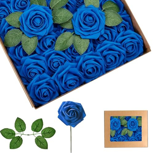 25 rosas artificiales de color azul marino tierno, rosas artificiales de espuma de tacto real a granel con tallos para novia, baby shower, tumbas, San Valentín, Navidad y decoración de boda