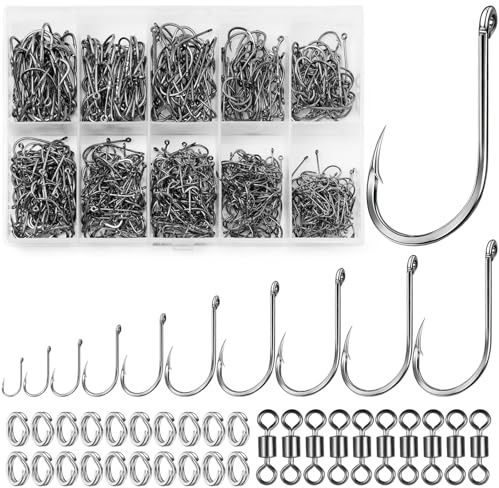 Realure 630Pcs Barbed Fishing Hooks Set, 10 Sizes 3#-12# Carbon Steel Eyed Circle Hooks with Split Rings & Swivels, Freshwater Saltwater Carp Fishing Tackle