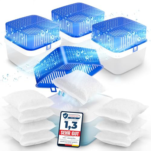 kogu® XXL 4 Stück Luftentfeuchter bis 75 m² Feuchtigkeits-Stopper inkl. 8x 400g Nachfüll Granulat – Raumentfeuchter nachfüllbar, Entfeuchter ohne Strom für Bad, Küche, Wohnung und Camper (1800ml)