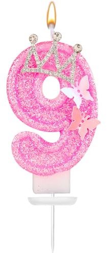 Velas Cumpleaños Numeros, 7,3cm Velas Número Purpurina Rosa Corona Mariposa Diamantes Imitación Velas con Número Cumpleaños Decoraciones Perfectas para Aniversario Cumpleaños(Número 9)