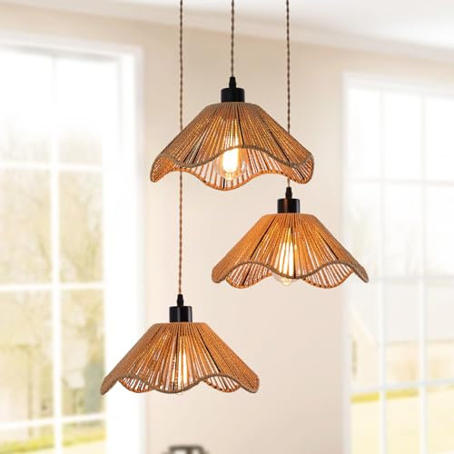 JIINOO Rattan Pendelleuchte, 3 Lichter Boho Hängeleuchte, Bauernhaus Pendelleuchte Höhenverstellbar, Vintage Rattan Lampe für Esszimmer Küche Foyer