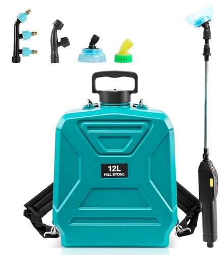 12L Battery Powered Backpack Pressure Sprayer with 4 Mist Nozzles, Rechargeable Garden Weed and Water Applicator, Retractable Wand and Adjustable Shoulder Strap