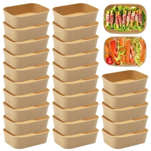 HENGBIRD 25 Stück PappschüSseln Wiederverwendbare Kraftpapier Schachtel Wasser und öLfest Take Away Kraftpapier Box 500ml Kein Deckel Geeignet für Takeaways, Verpackung, Picknicks, Mikrowellengeeignet