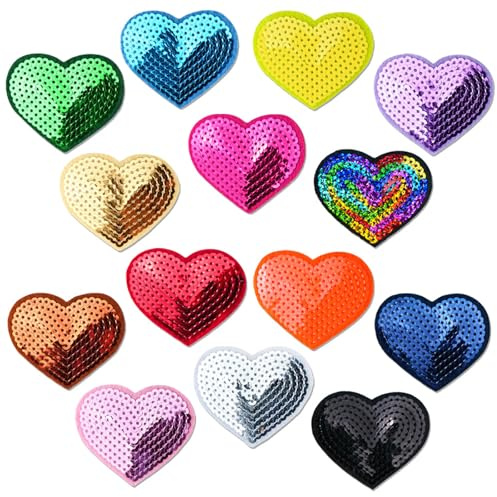 SHYSBV 28 Stück Herzförmige Pailletten Patches zum Aufbügeln Bestickte Glitzer Aufnäher für Reparatur und Dekoration von Jeans Jacken Hut Kleidung Rucksack DIY Zubehör für Kinder und Erwachsene