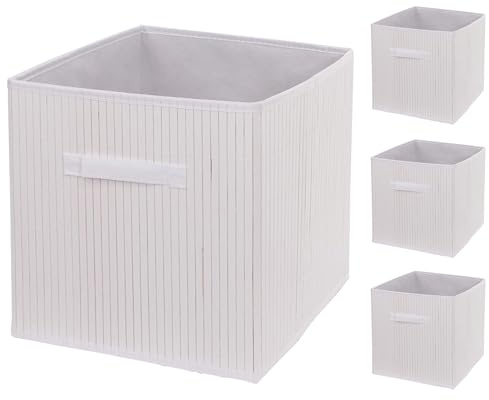 Mendler 4er-Set Faltbox HWC-C21 Bambus 32x32x32cm - weiß | Korb, Aufbewahrungskorb, Ordnungsbox, Sortierbox, Aufbewahrungsbox