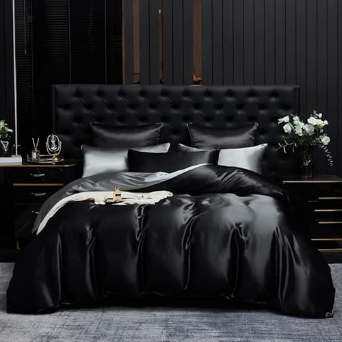 Gezu Housse de Couette Satin 220x240cm Noir Gris Parure de Lit Satin Lisse Soyeux Brillant Doux Sets de Housse de Couette 2 personnes Linge de Lit avec 2 Taies D'oreiller 65x65cm avec Fermeture Éclair