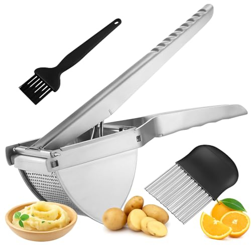 KHANIX Stainless Steel Potato Ricer Set (3-Piece) – Comfort Grip Non-Slip Handle for Smooth Mashing, Crinkle Cutter for Fries & Vegetables, Easy-Clean Cleaning Brush