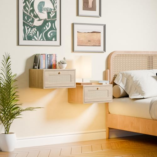 Nachttisch Hängend 2er Set mit 2 RGB LED-Beleuchtung,Nachtkästchen Schwebend mit Schublade,Modisch & Vielseitig,Platzsparender Schmaler Schrank für Schlaf & Wohnzimmer(Holz-Finish,40 x 30 x 20 cm)