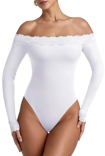 REORIA Women's Sexy Off The Shoulder Long Sleeve Bodysuit Double Lined Layering Lace Body Suits Going Out Tops Fall Outfit 2025 Brilliant White Large