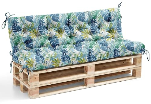 WITHARTPLAN Outdoor Bench Cushion Set (2/3/4 Seater) - Waterproof Garden Seat Cushions with Backrest, 150x100x10cm, for Patio Lounger, Swing & Hammock - High-Density Foam,Blue Leaves