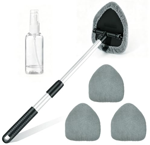 Limpiacristales Coche con Mango Telescópico Cabezal Giratorio 180°, Kit Limpieza Cristales Coche con 4 Almohadillas Microfibra Grises y Botella Spray