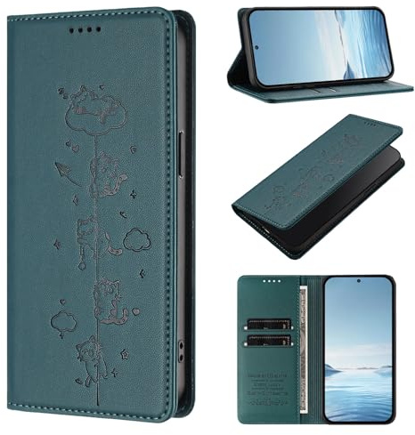 BEENTRYS Cuero PU Funda para Motorola Moto E20 / E30 / E40 Funda,Carino Gato Cartera con Tapa Ranuras para Tarjetas Soporte Magnético Flip Case Protección RFID Antigolpes Carcasa-Verde