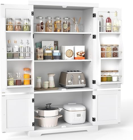 COSTWAY Credenza Cucina Alta 4 Ante, Mobile Dispensa con 6 Ripiani sulle Ante e 5 Ripiani Regolabili, Armadio Indipendente da terra, per Sala da Pranzo, Soggiorno e Bagno, 77 x 40 x 139 cm