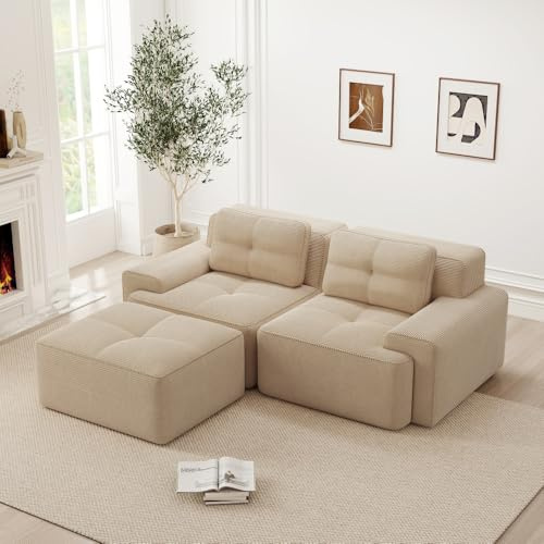 Sofá de esquina de 2 plazas, sofá modular sin marco de compresión al vacío con puff, 2 cojines, Relleno de espuma de alta densidad 32D, Sin montaje, Beige (Profundidad de asiento 74 + Ancho de