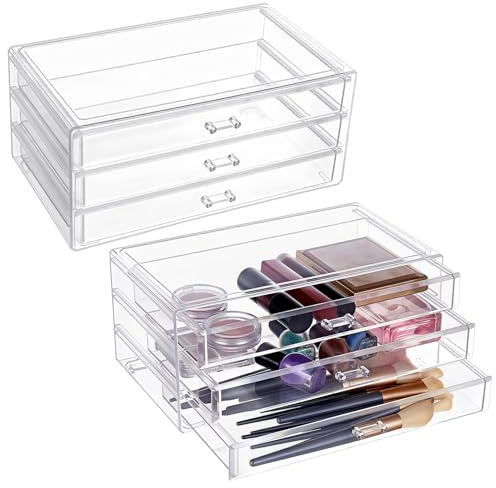 INTERWARM 2 Set Schmuckkästchen Ohrringe,3 Schubladen,Schmuckaufbewahrung | 23.2x13.5x10.3 cm Durchsichtige Schmuckaufbewahrung Ideal als Kunststoff Schmuckaufbewahrungsbox für Kosmetik & Mehr