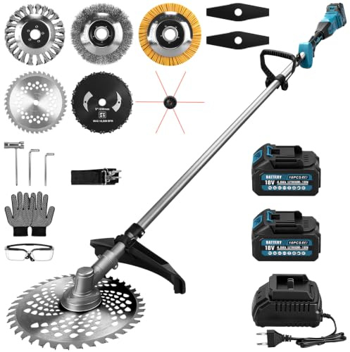 Decespugliatore a batteria da 1380 W con 2 batterie e caricatore, decespugliatore a batteria 7 in 1 con spazzola per erbacce, decespugliatore elettrico senza spazzole con 7 tipi di lame per giardini