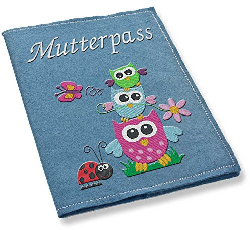 Mutterpass Mutterpasshülle Filz Eulenstapel bestickt Farbwahl schwarz weiß grau rot blau lila pink grün gelb türkis rosa Handarbeit (mittelblau)