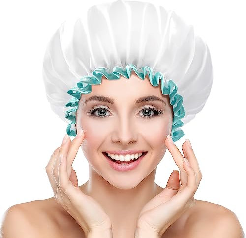 mikimini White Shower Cap for Women, Waterproof Reusable Hair Caps for Ladies and Girls, Medium Double-layered Washable Bath Caps for Thick Hair