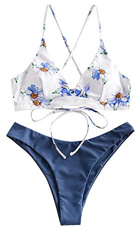 ZAFUL zweiteilig Bikini-Set, Blumenmuster Frauen drucken Push-Up gepolsterter BH Beach Bikini Set Triangle Badehose (Seidenblau,S)