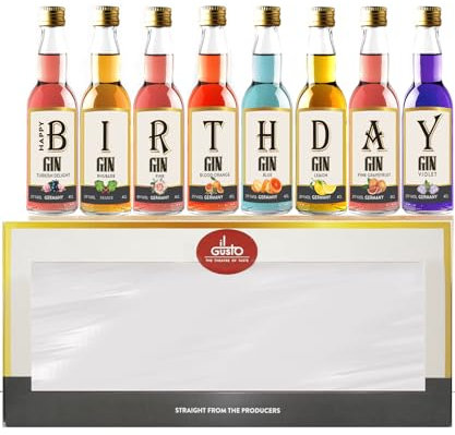 IL GUSTO Birthday Gift - Miniature Gin Set 40ml each - Pack of 8 | Premium Miniatures in Wooden Box