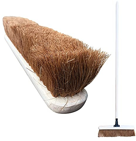 18” Soft Broom Outdoor, Wide Reach Soft Sweeping Brush with Natural Coco Bristles and Long Wooden Broom Handle, Soft Brush Broom Outdoor for Cleaning Flat and Smooth Surfaces, Decking and Paving Slabs