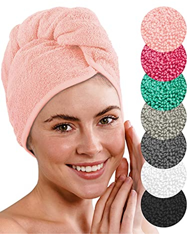 LAYNENBURG Set med 2 premium hårturban med knapp i 100 % bomull – hårhandduk inkl. 8 hårsnoddar – för kort och långt hår – turbanhandduken är snabbtorkande och absorberande (rosa)