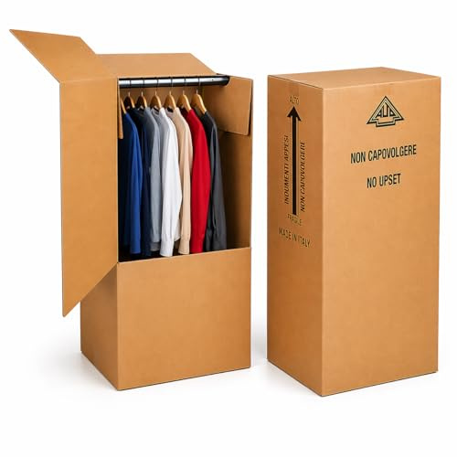 Mottola packaging - 60x55x115h - 4 Scatoloni per Vestiti appesi in Cartone con Asta in PVC -Scatole Armadio Resistenti Porta Abiti per Trasloco, Bauletti per Capi Appesi -Mottola Packaging