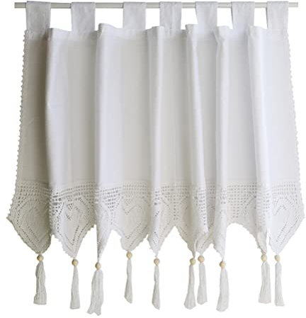 ACMHNC Küche Scheibengardine Baumwolle Leinen Vintage Cafe Vorhang Landhausstil Bistrogardine Häkeln Quaste Kurzgardine Romantisch Heimdekoration 1 Stück,Weiß,150cm x 45cm /59*18