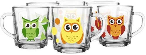 Glasmark KROSNO 1992 Lot De 6 Tasses Pour Enfant Avec Motif De Hibou Capacité De 220 ml Vert x 2 Jaune x 2 Oranges x 2 Tasse À Lait Eau Jus Avec Une Poignée Mug