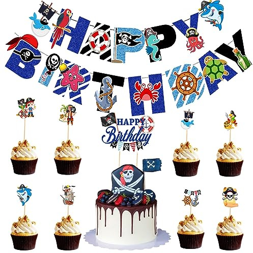 Guoguonb Thema Piraten Geburtstag Party Dekoration 1x Groß Happy Birthday Cake Topper 8x Stück Cupcake und 1x Piraten-Serie Banner für Mädchen Junge Kinder Halloween Party Muffin Deko
