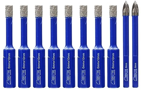 SHDIATOOL Diamond Drill Bits 6mmx8,with Carbide Tip Drill 6mmx2,Core Bits with Triangle Shank Hole Saw Cutter for Porcelain Tile Marble Ceramic Granite,Dry Wetting Drilling, 10pcs Total