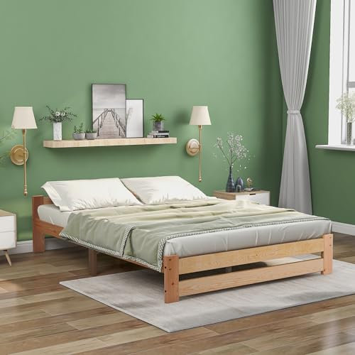Aunvla Solide Massivholzbett Futonbett Massivholz Natur Bett aus mit Kopfteil und Lattenrost, Natur (200x140cm)